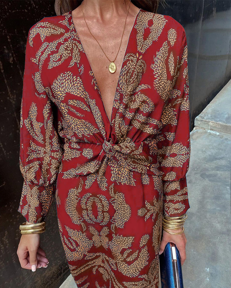 Woman - Long-sleeved midi dress with V-neck and front knot