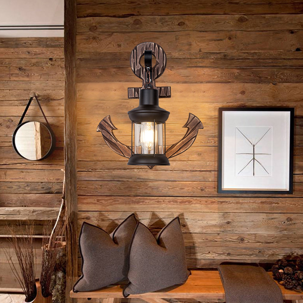 Rustic Wooden Anchor Wall Light with Lantern