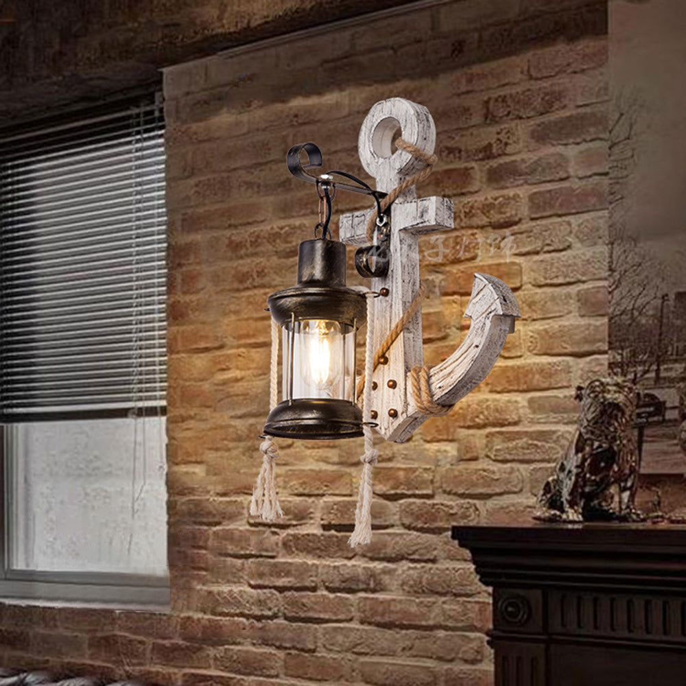 Rustic Wooden Anchor Wall Light with Lantern