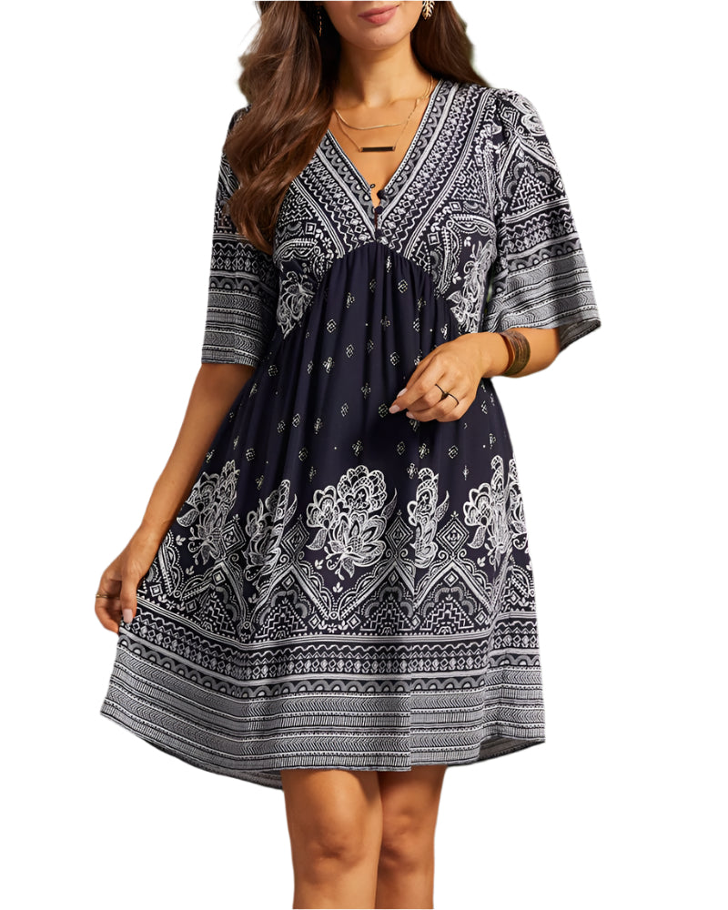 Nancie - Boho clever dress with V-neck and print