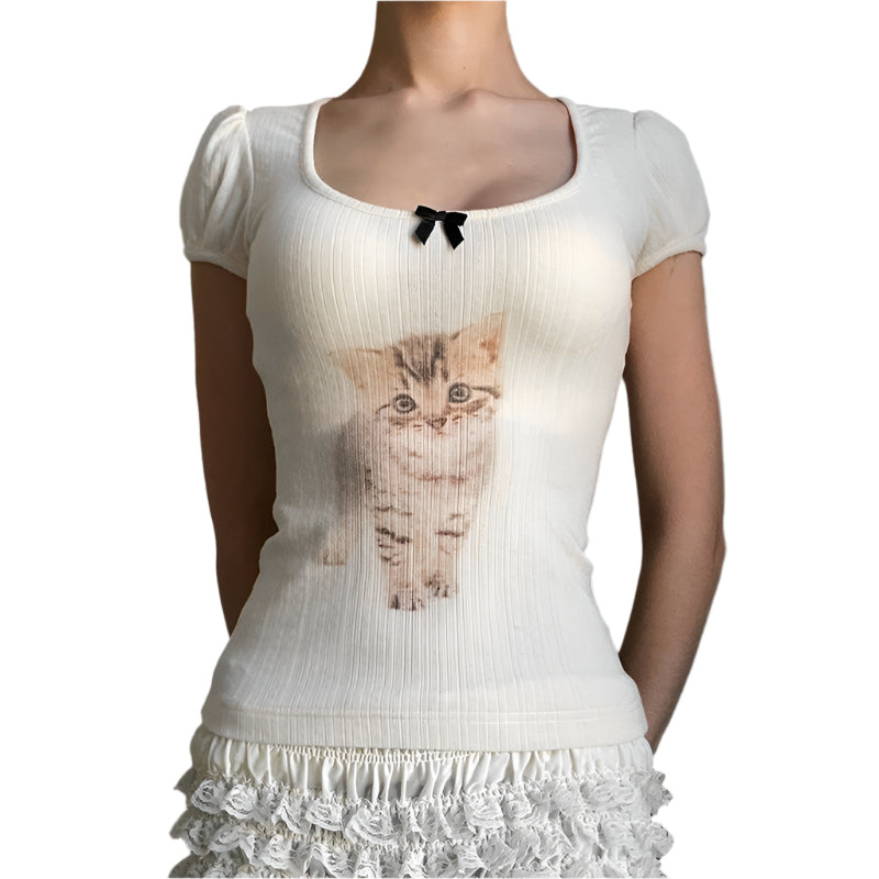 PuffMeow Puff-Sleeve Cat Print Top with Bow Detail