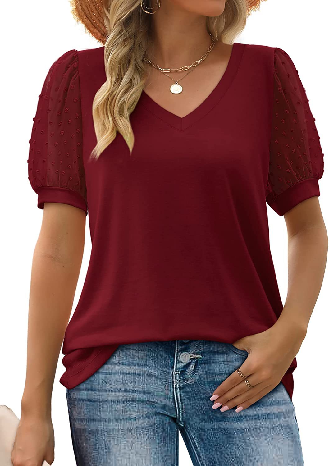 Lily - Women's V-neckline and Mesh sleeve top