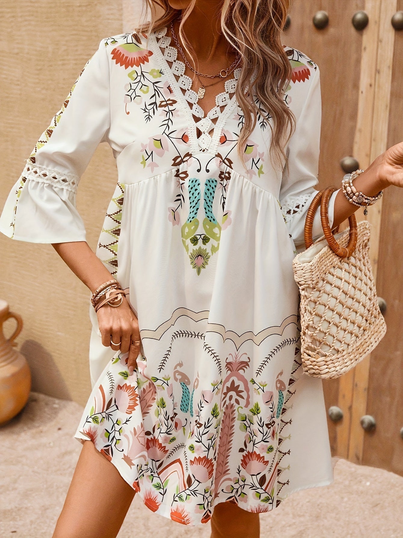 Alma Ethnic Maxi Dress with V-Neck - Boho Style for Women