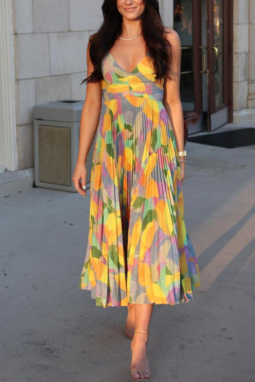 Margarette - V-Neck Printed High-Waist Pleated Midi Cami Dress