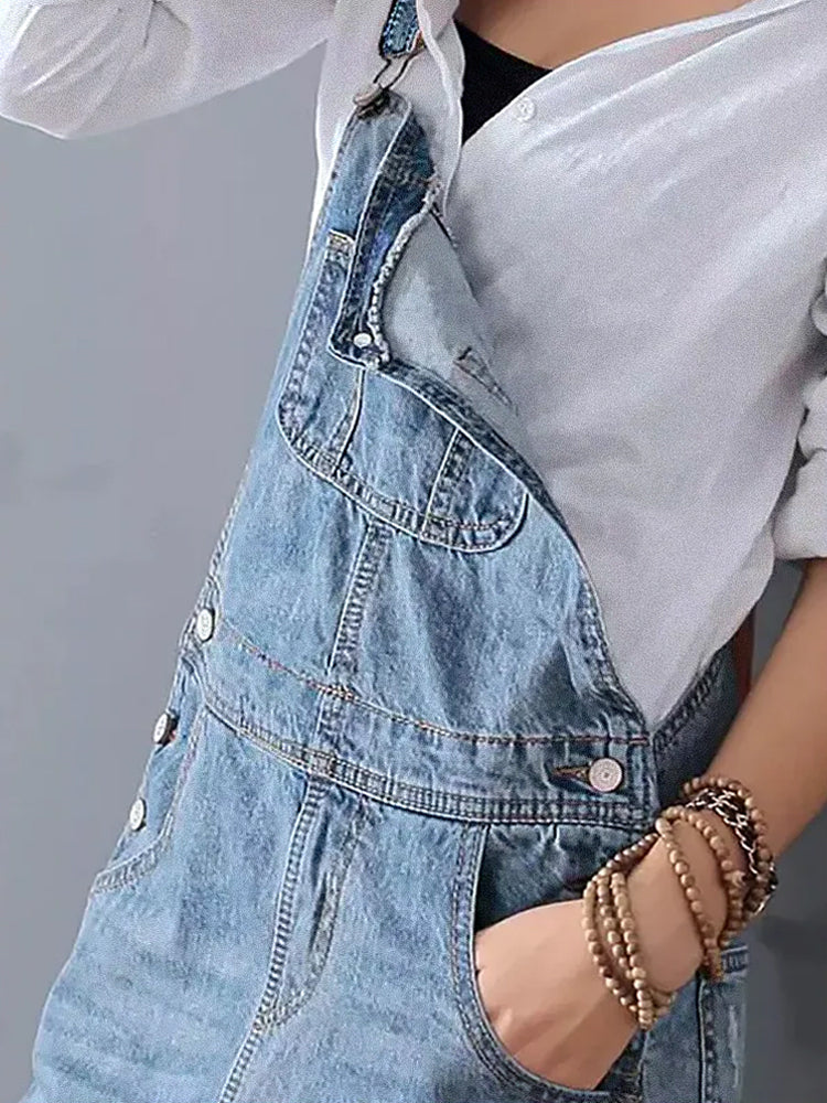 Sofia Denim | Overall dress with back slit and worn denim look