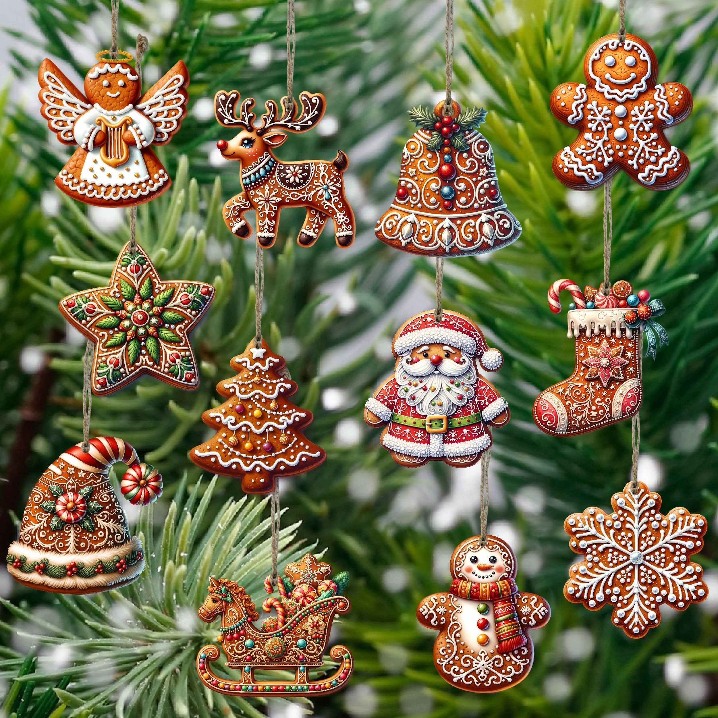 12pcs Handcrafted Wooden Christmas Ornaments Set