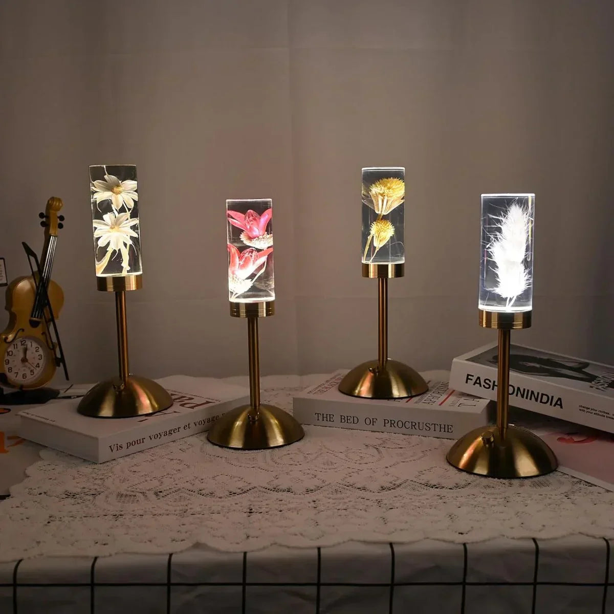 FloraGlow - LED Table Lamp with Flower-Filled Clear Cylinder Base