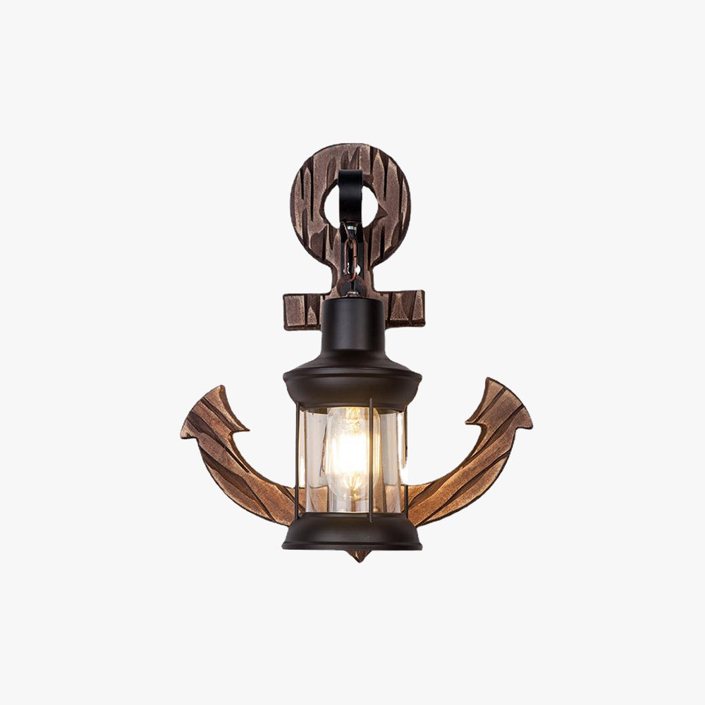 Rustic Wooden Anchor Wall Light with Lantern