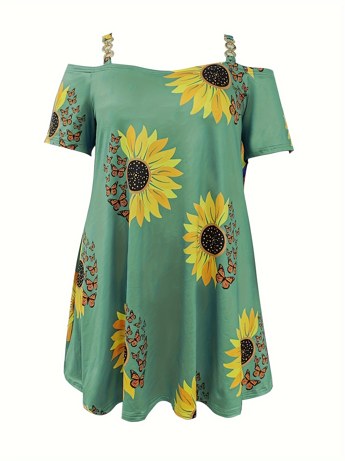 Stylish Sunflower Print Cold Shoulder Dress