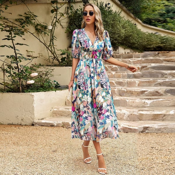 Simone | Elegant Printed dress with V-neckline