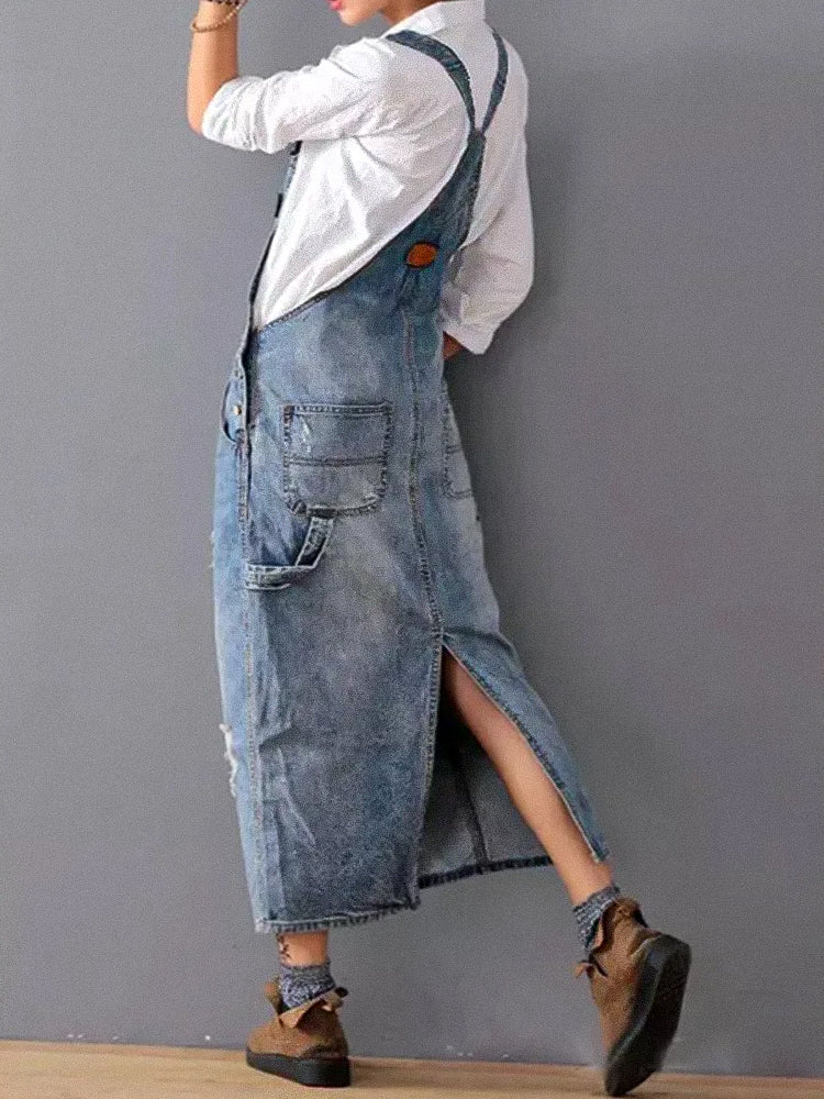 Sofia Denim | Overall dress with back slit and worn denim look