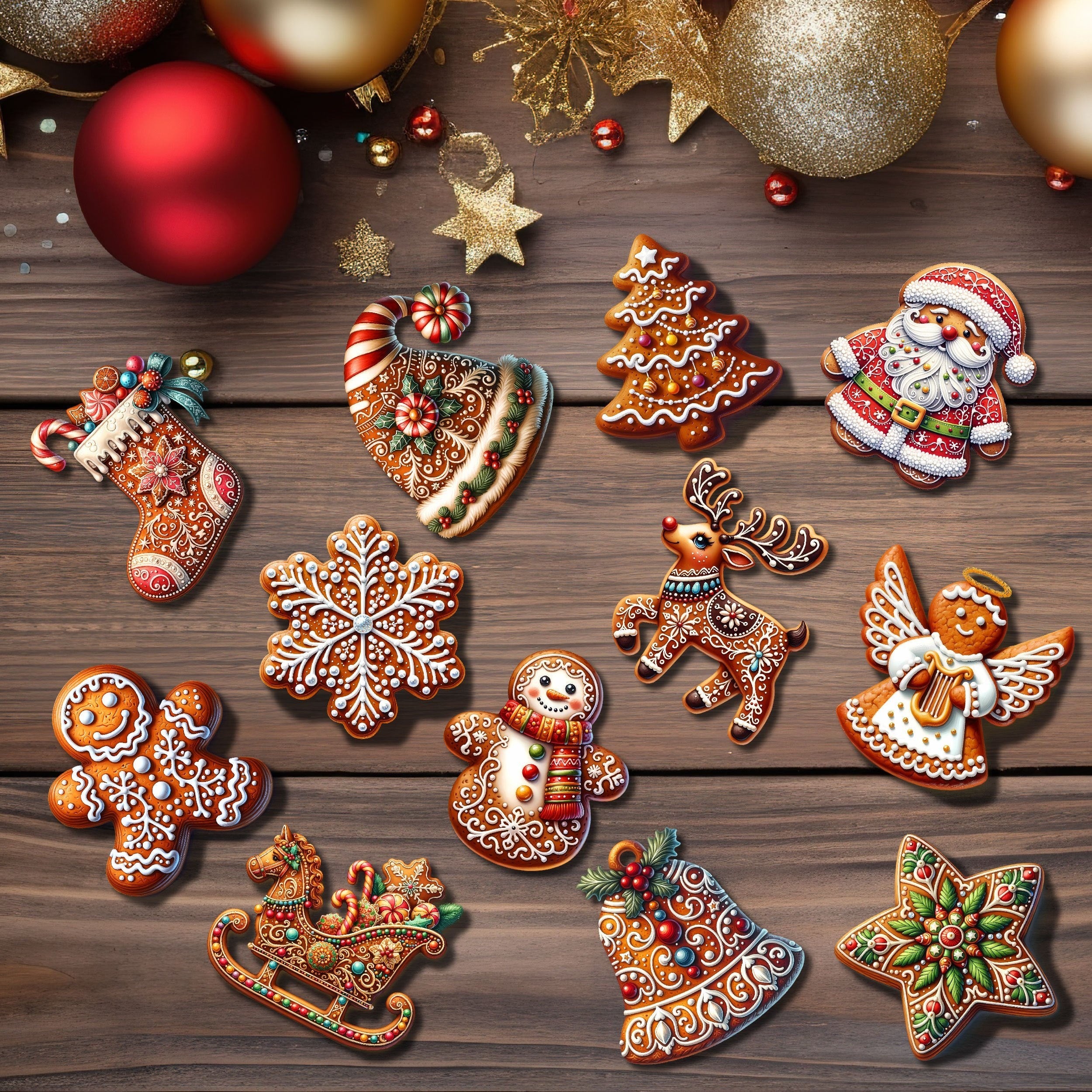 12pcs Handcrafted Wooden Christmas Ornaments Set