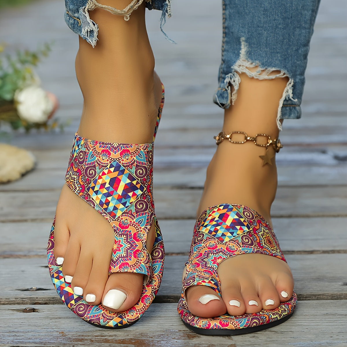 Lily colorful patterned open toe flat Sandals