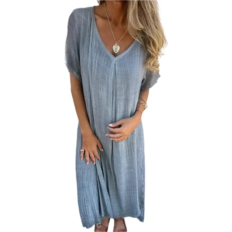Lexie - Uncomplicated Charm Linen Maxi Dress with V-Neck