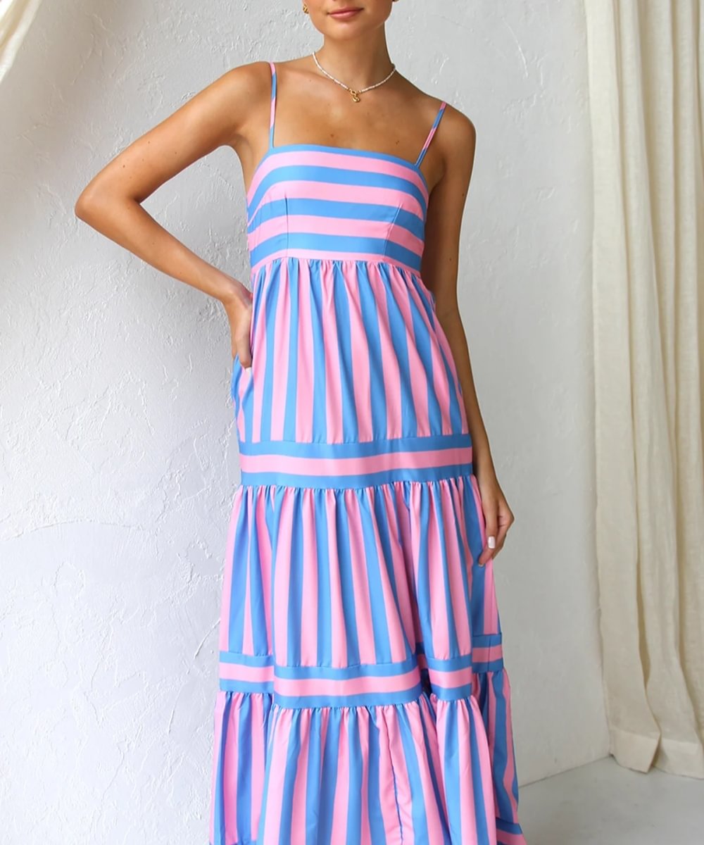 Solene - Striped, tiered maxi dress with fitted bodice and thin straps