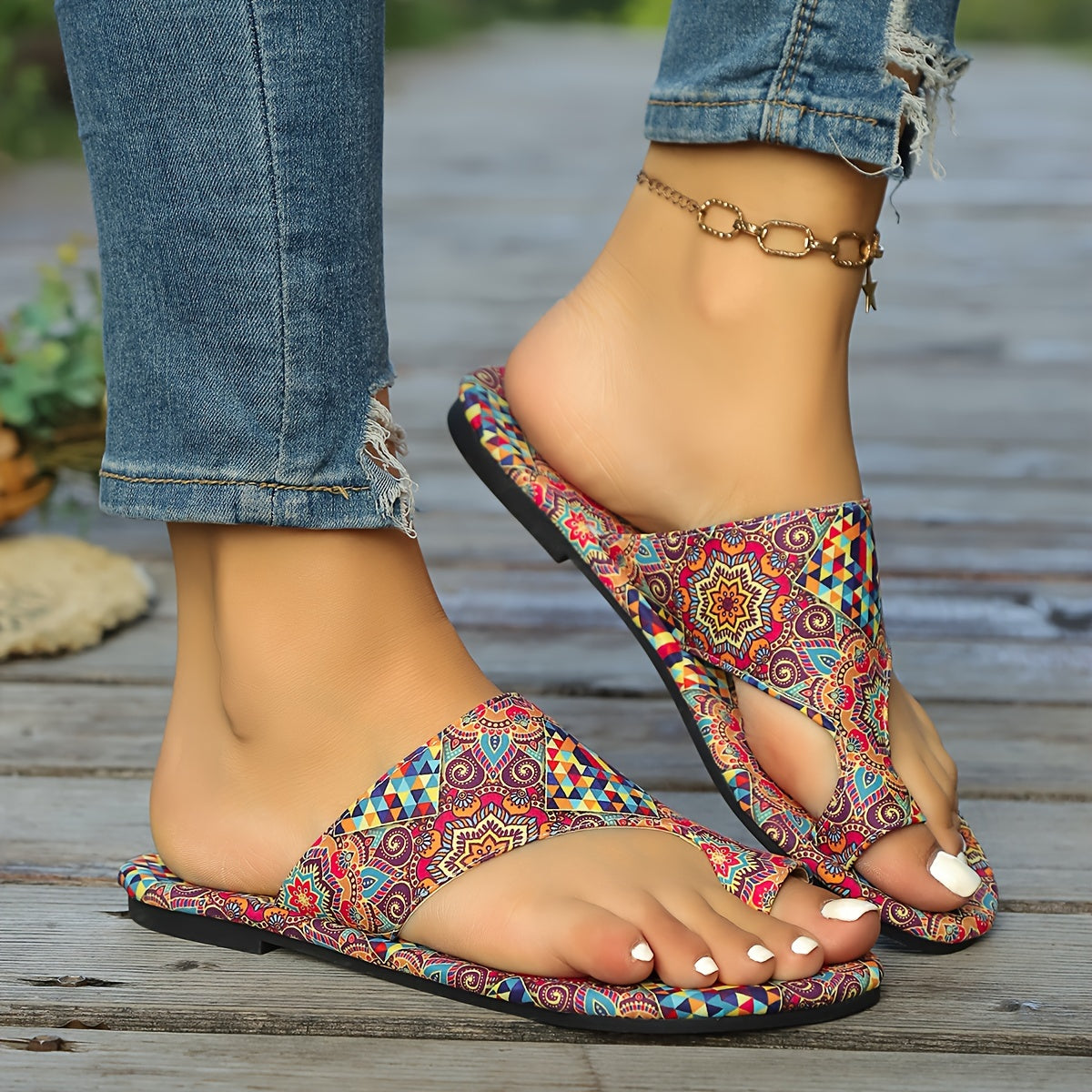 Lily colorful patterned open toe flat Sandals