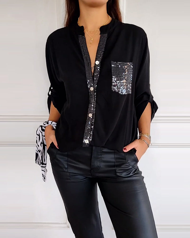 Lily Sequin Pocket Button-Up Blouse