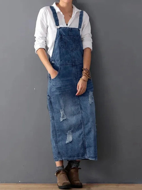 Sofia Denim | Overall dress with back slit and worn denim look