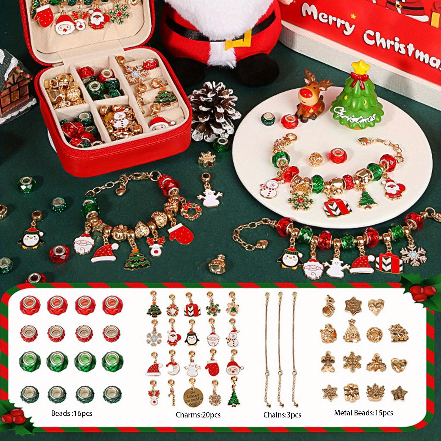 Christmas Charm Bracelet Making Kit, Elegant Red Green Series DIY Beads