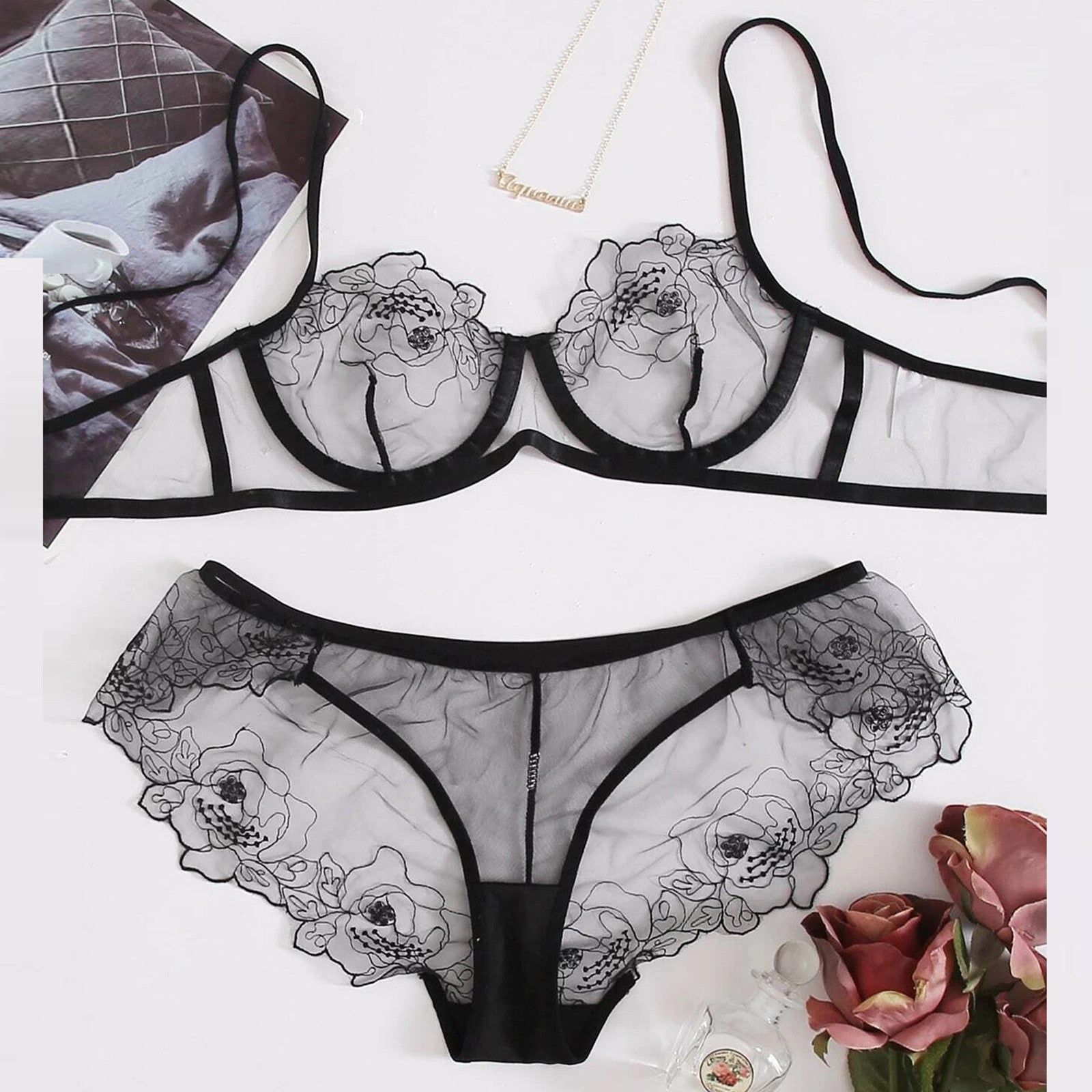 Hilda - Mesh Embroidery Sheer Lingerie Set