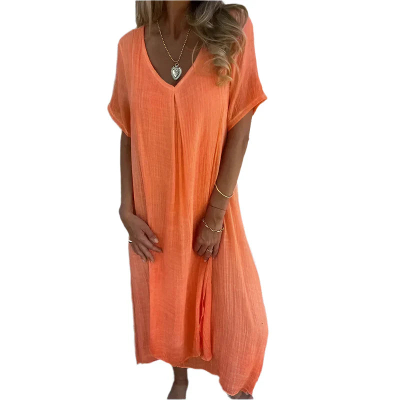 Lexie - Uncomplicated Charm Linen Maxi Dress with V-Neck