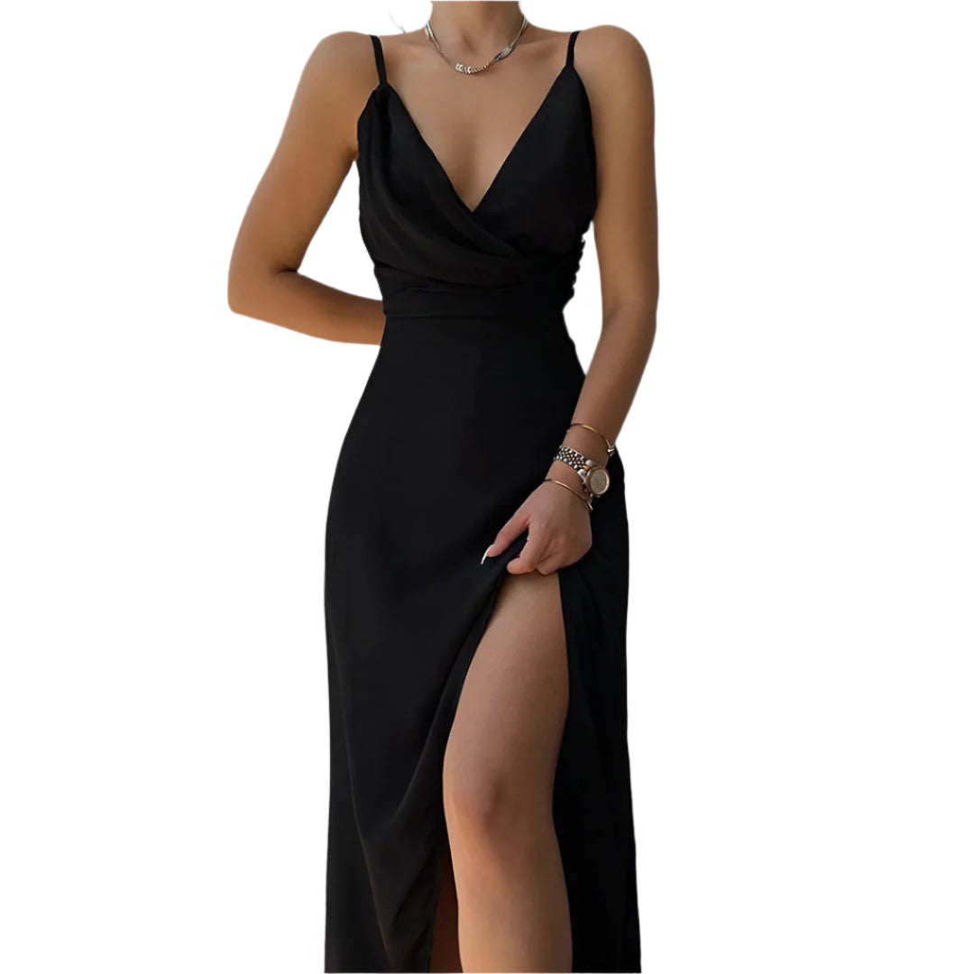 Satin dress with slit in blood red – Luxurious evening dress for women