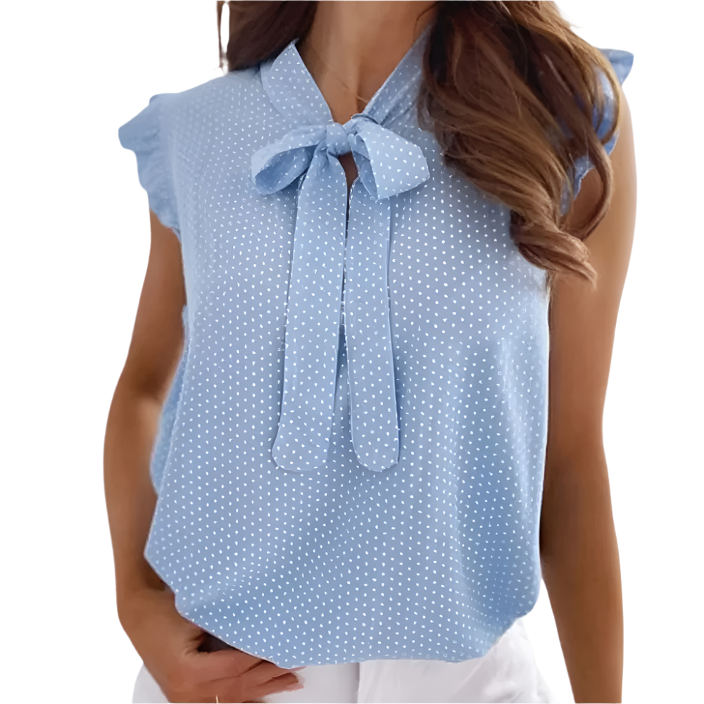 Kira - Polka Dot Blouse with Ruffled Neckline and Butterfly Detail