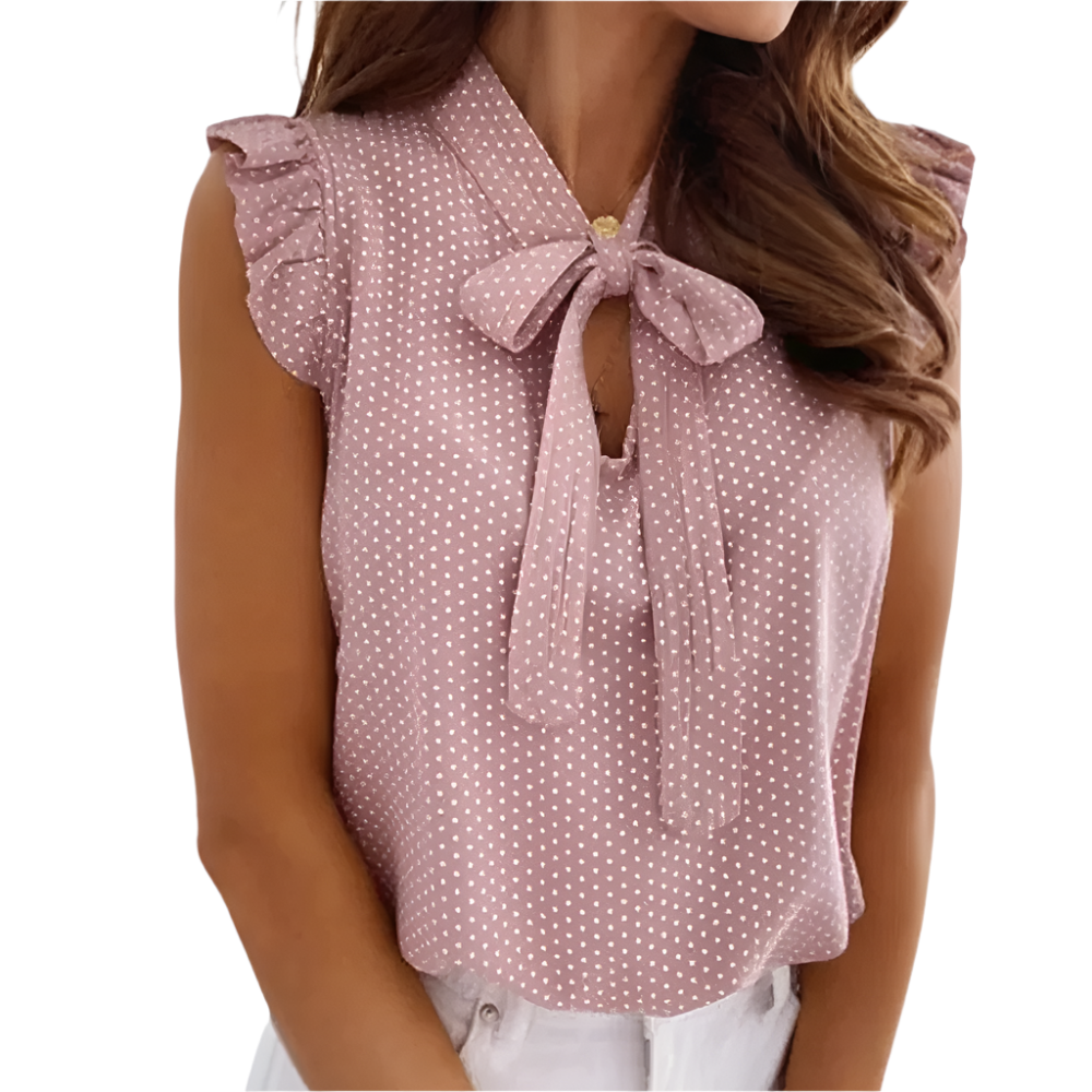 Kira - Polka Dot Blouse with Ruffled Neckline and Butterfly Detail