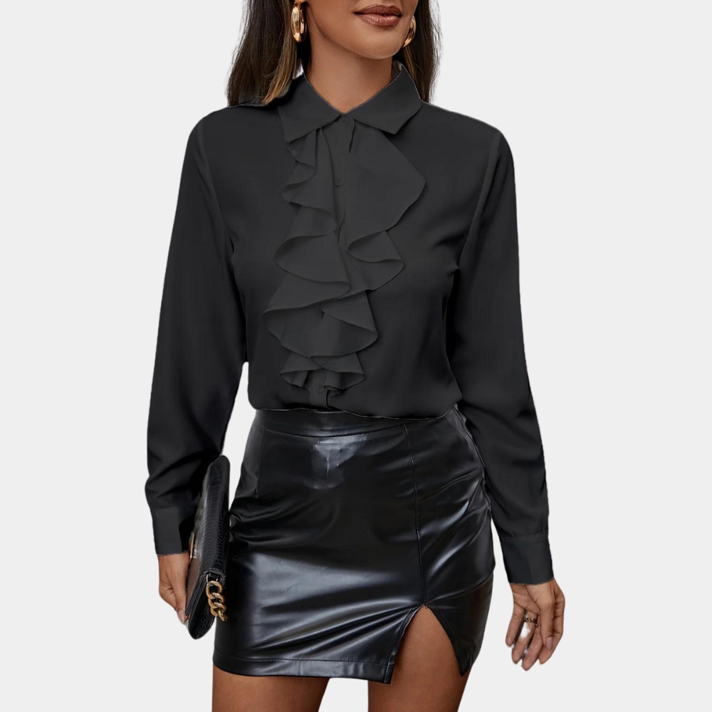 Clara – Elegant Ruffled Blouse with Button Closure and Long Sleeves
