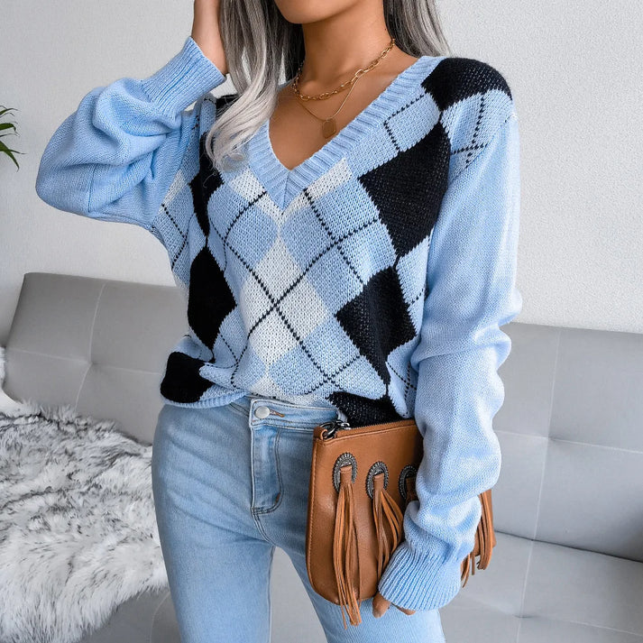 Scarlett Long-Sleeve V-Neck Argyle Print Sweater