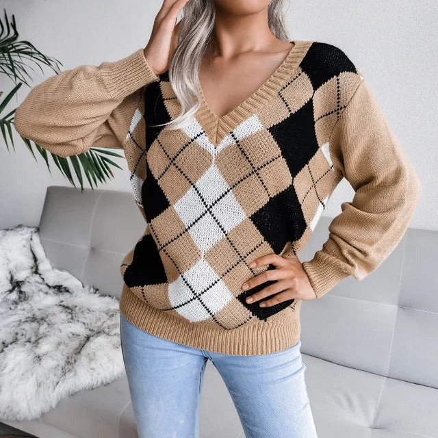 Scarlett Long-Sleeve V-Neck Argyle Print Sweater