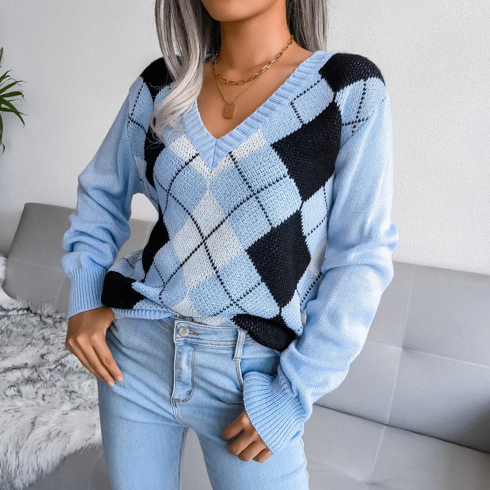 Scarlett Long-Sleeve V-Neck Argyle Print Sweater