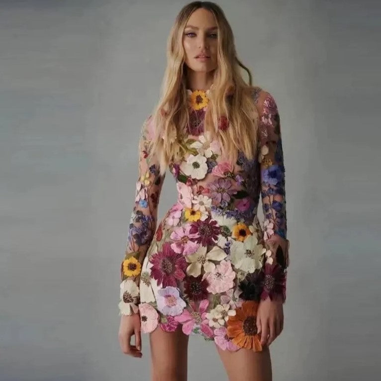 Faurra Floral Dress with High Collar and Long Sleeves