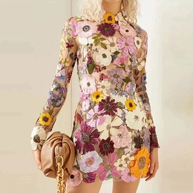 Faurra Floral Dress with High Collar and Long Sleeves