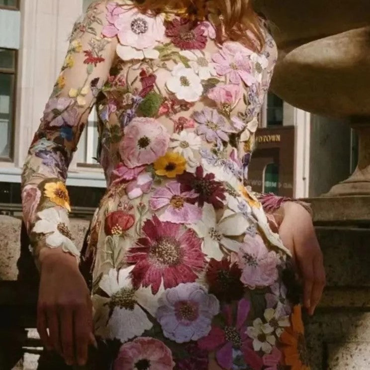 Faurra Floral Dress with High Collar and Long Sleeves