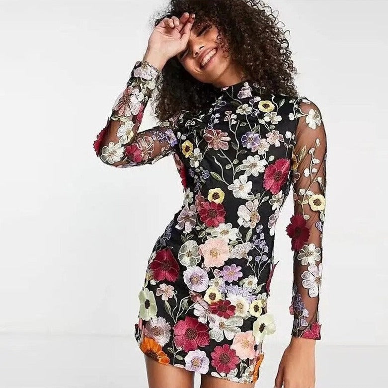 Faurra Floral Dress with High Collar and Long Sleeves