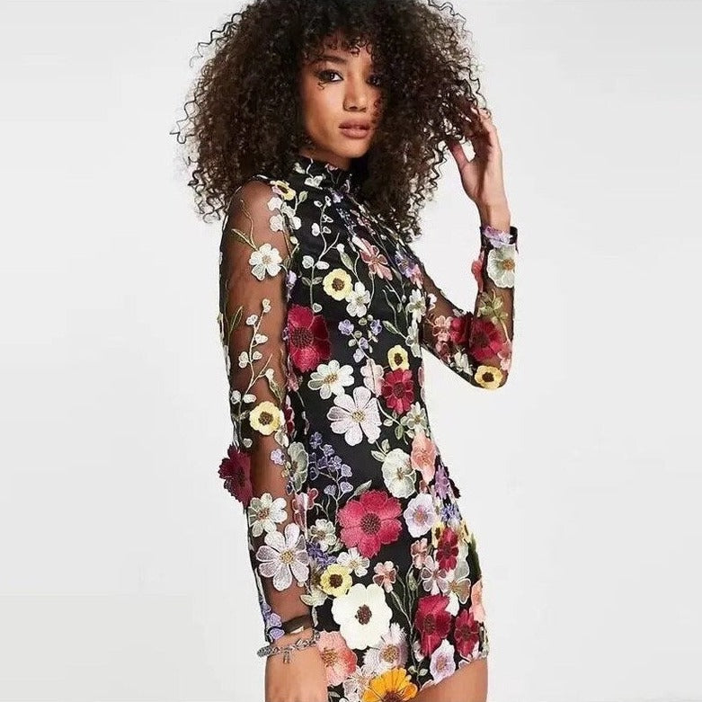 Faurra Floral Dress with High Collar and Long Sleeves