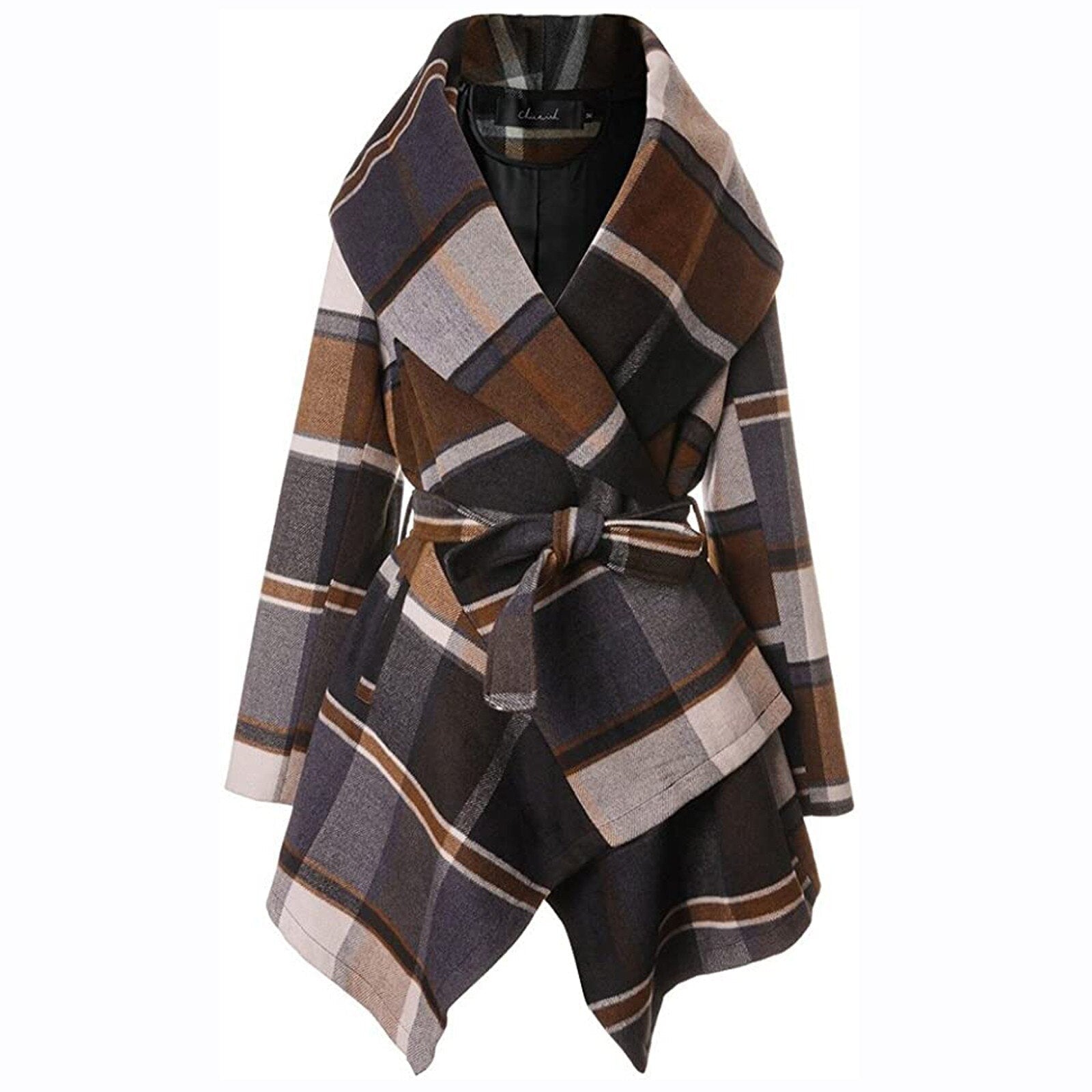 Molly - Stylish checked coat with a wide collar and belt at the waist