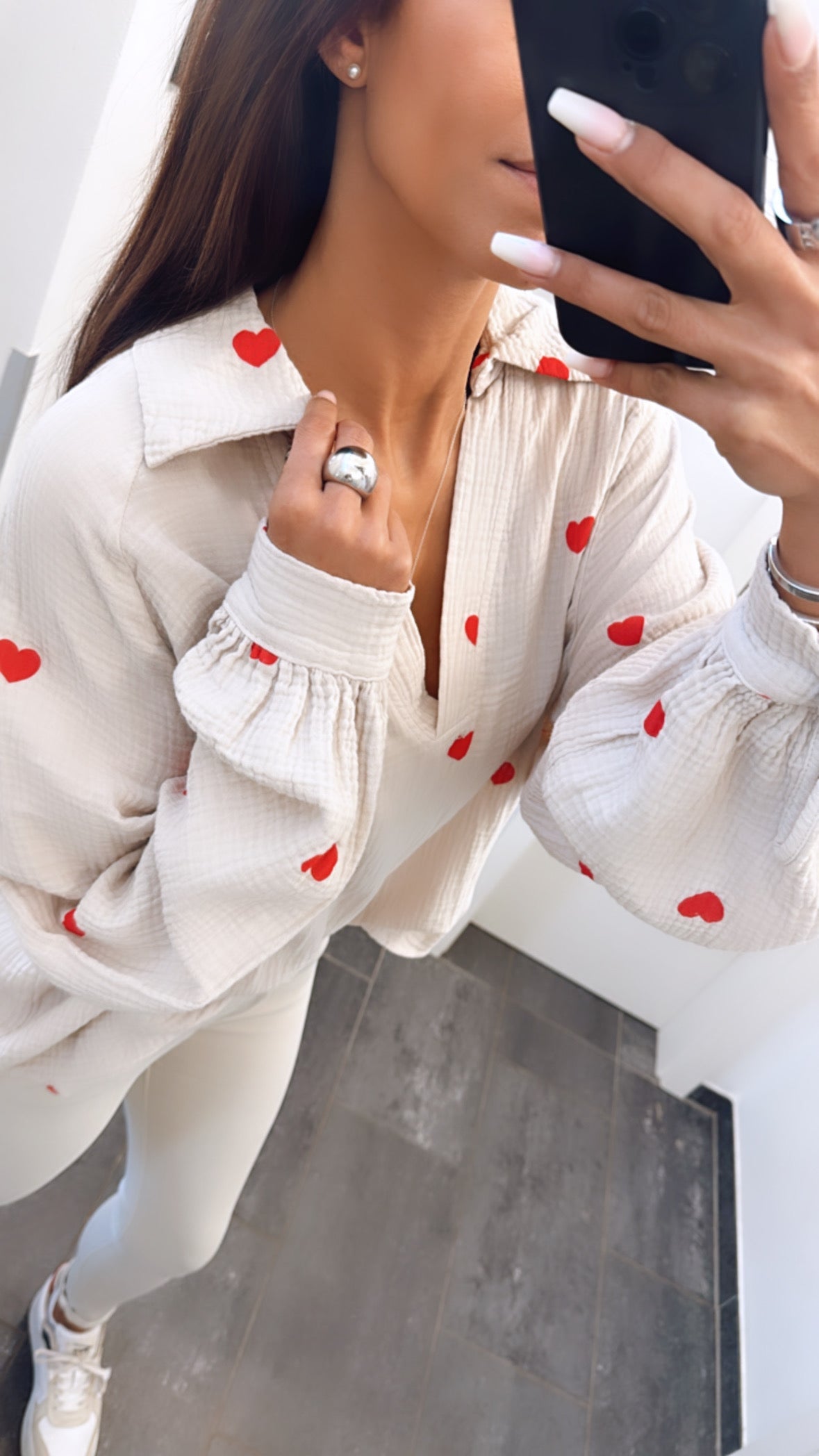 Amelia Heart Print V-Neck Blouse