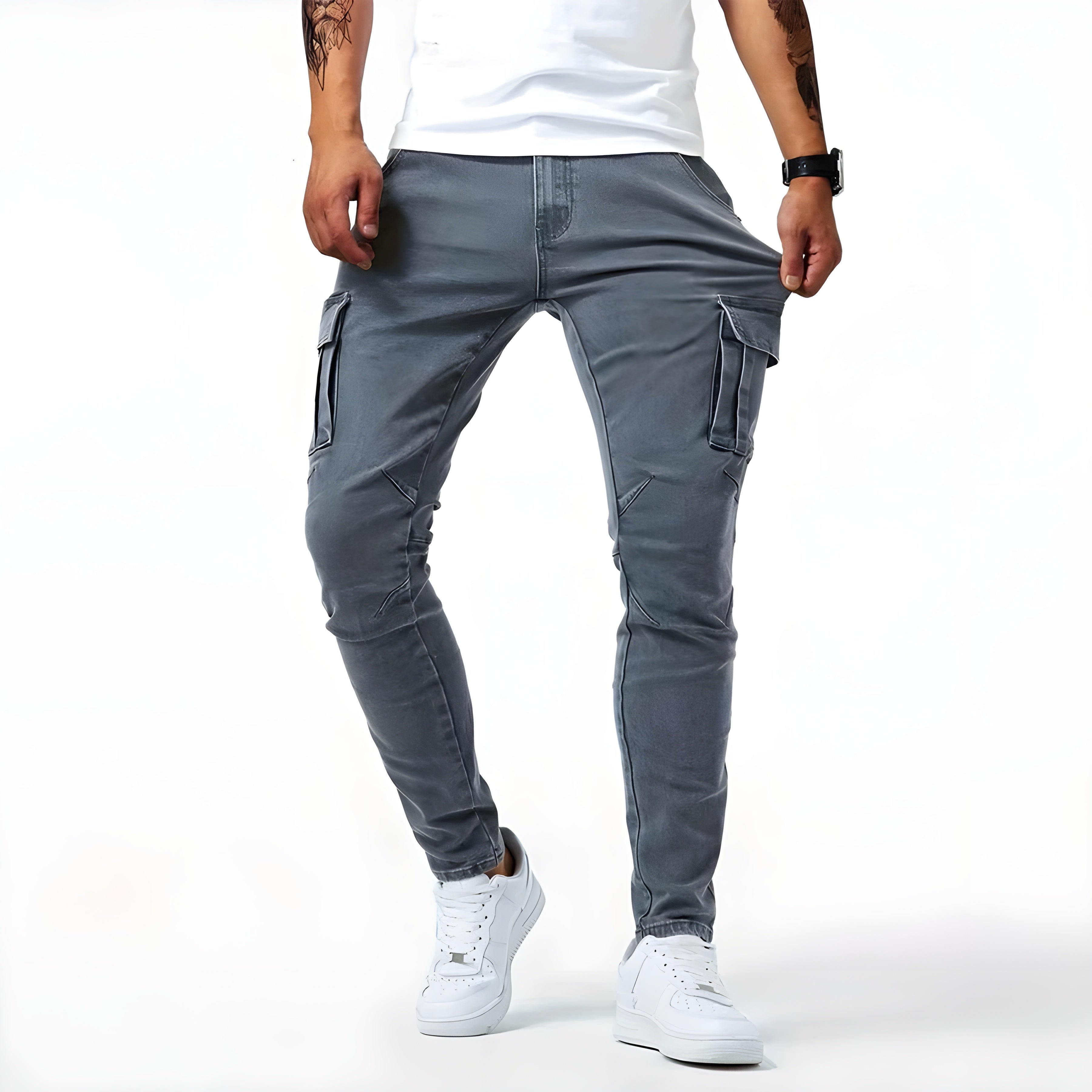 Timo - Casual denim cargo pants with a slim fit and side pockets