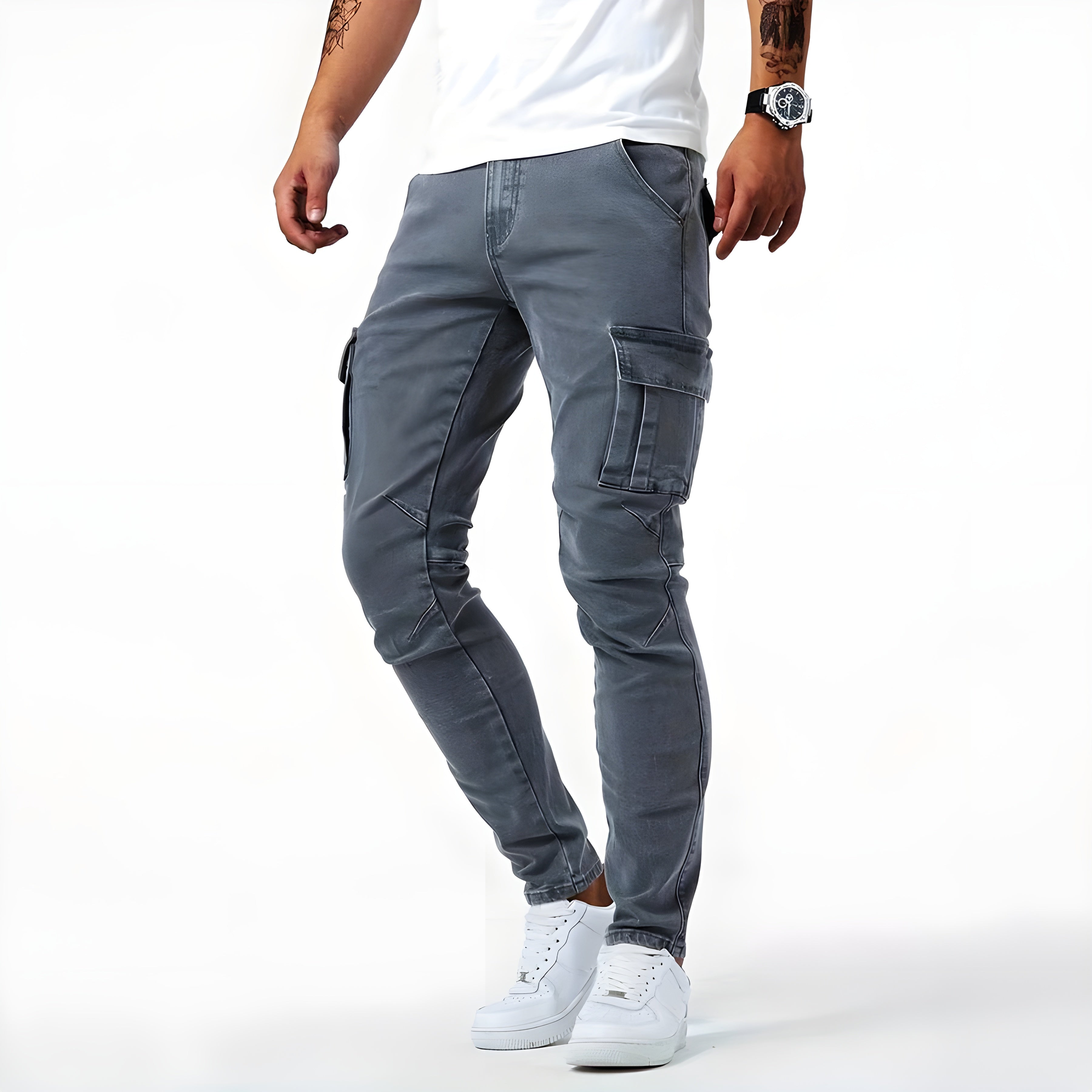 Timo - Casual denim cargo pants with a slim fit and side pockets