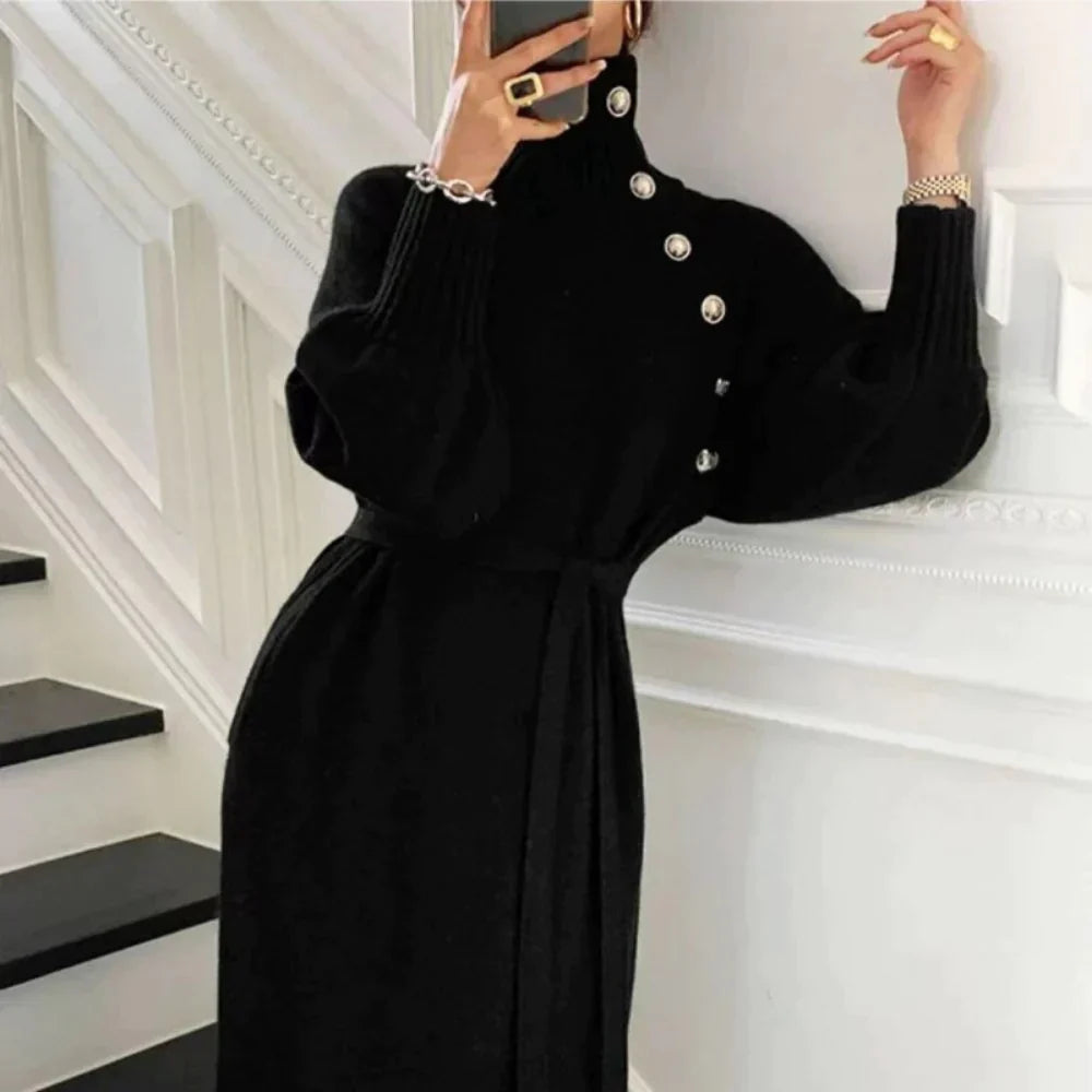 Siri - Long-sleeved knitted dress with high collar, buttons, and belt