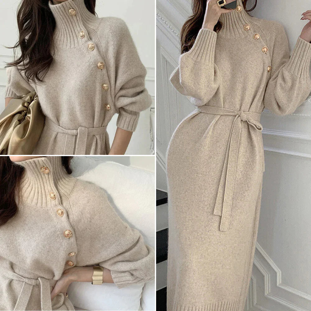 Siri - Long-sleeved knitted dress with high collar, buttons, and belt