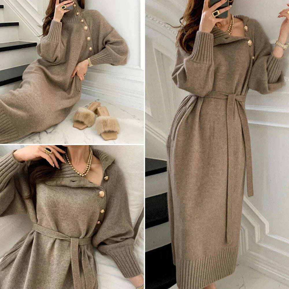 Siri - Long-sleeved knitted dress with high collar, buttons, and belt