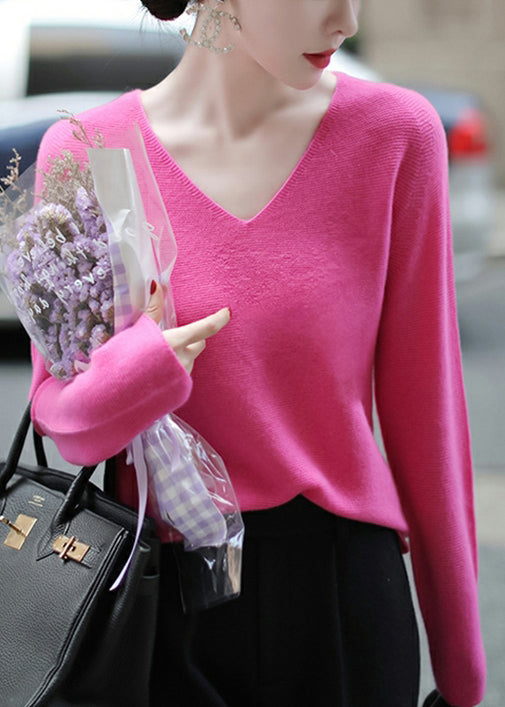 Nicole™ - Italian Rose V-Neck Warm Wool Knit Top