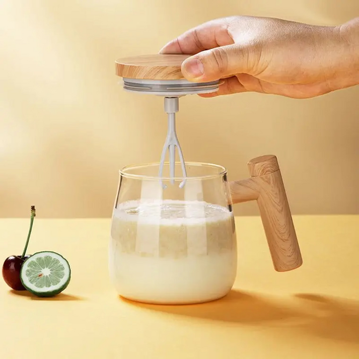 WhirlBrew - Self-Stirring Glass Mug with Wooden Handle