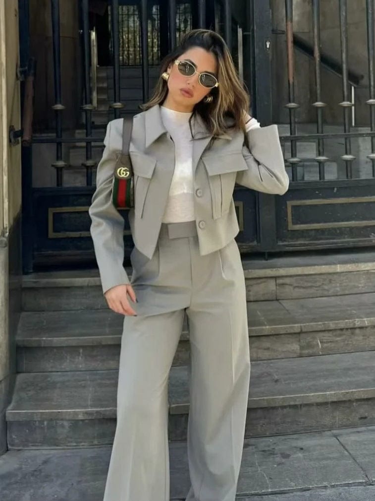 Georgia - Long Sleeve Pockets Blazer With Wide Leg Pants Two Piece Set