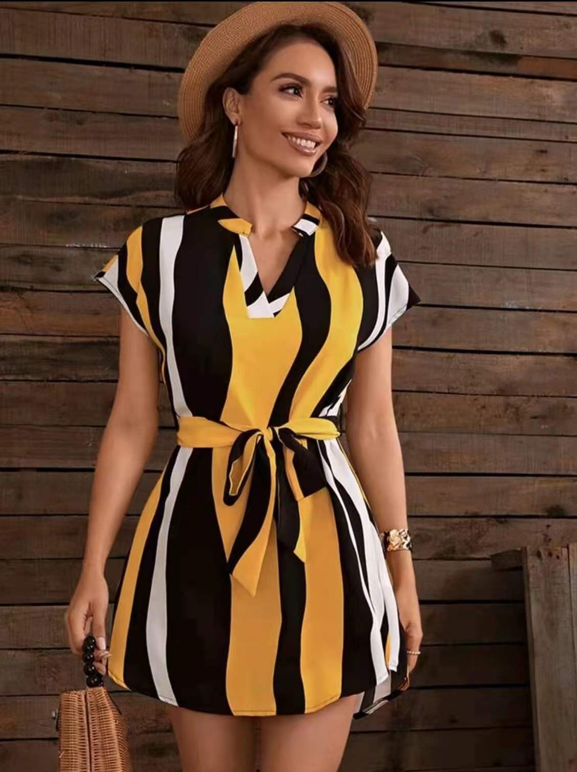 Leonora - Striped Midi Dress with V-Neck Straps