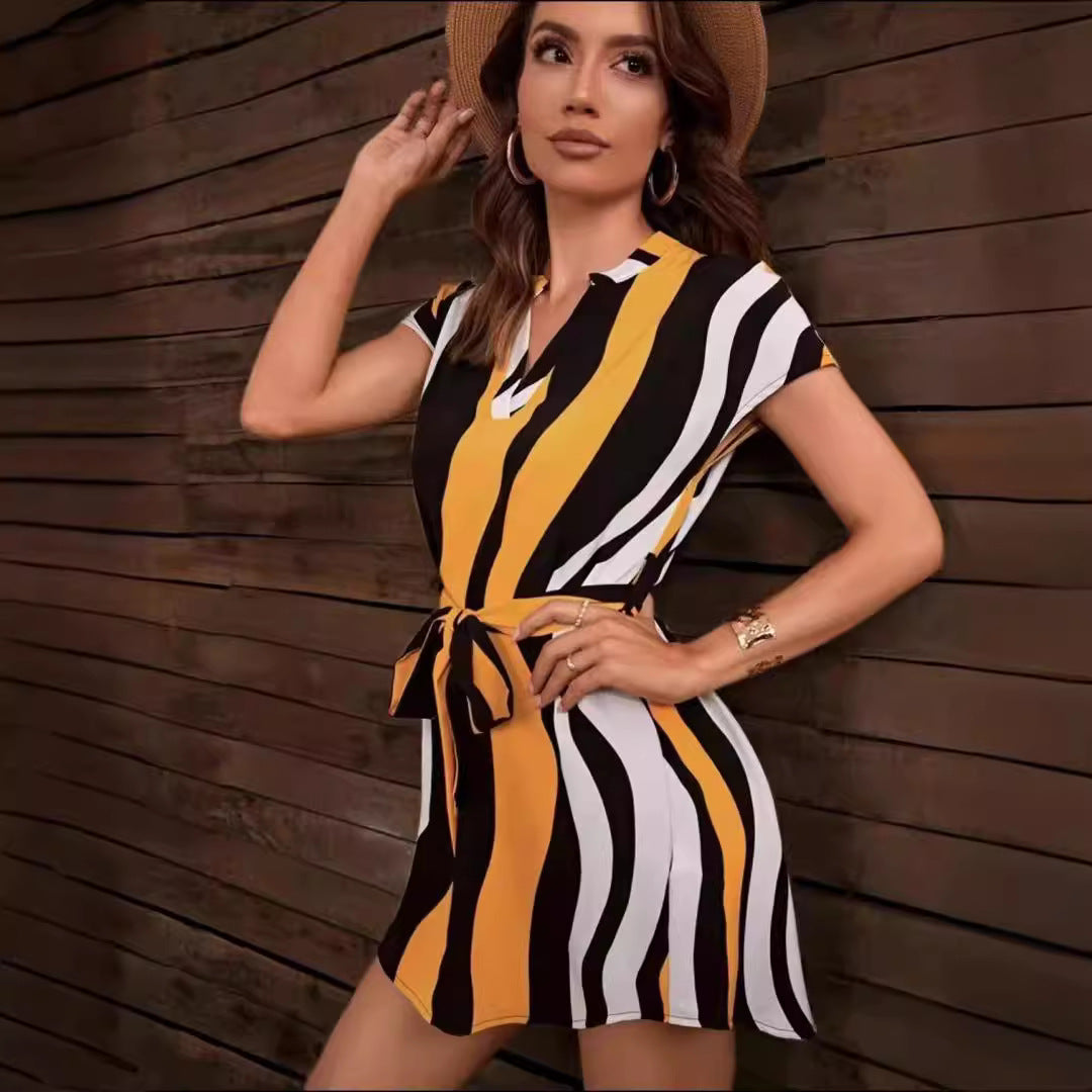 Leonora - Striped Midi Dress with V-Neck Straps