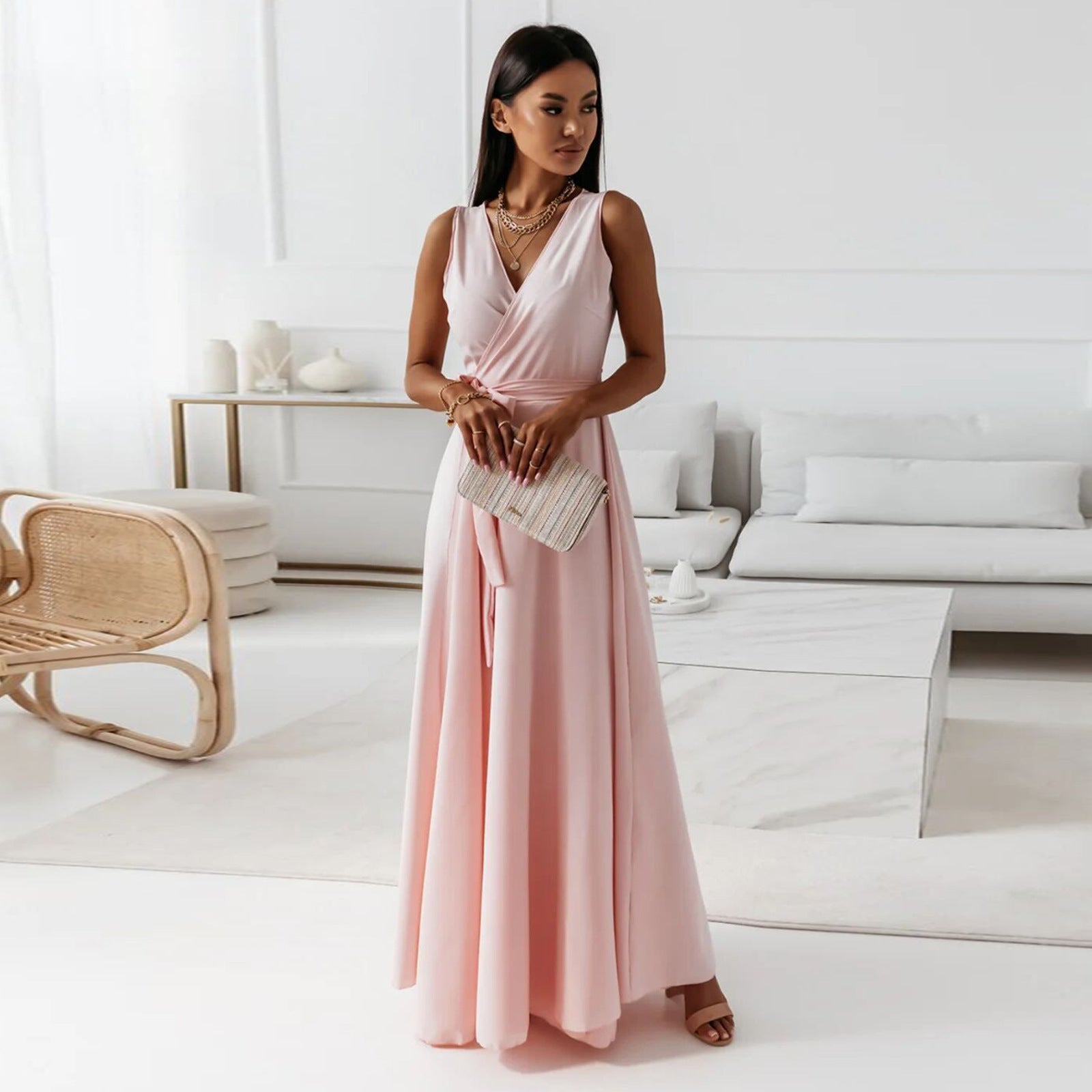 Dana - Solid Long Dress with V-Neck for Women